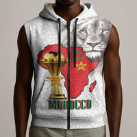 Morocco Football Custom Sleeveless Zip Hoodie Atlas Lions Champions African White Islamic Pattern