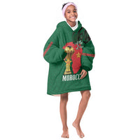 Morocco Football Custom Kid Wearable Blanket Hoodie Atlas Lions Champions African Green Islamic Pattern