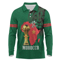 Morocco Football Custom Long Sleeve Polo Shirt Atlas Lions Champions African Green Islamic Pattern