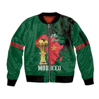 Morocco Football Custom Sleeve Zip Bomber Jacket Atlas Lions Champions African Green Islamic Pattern