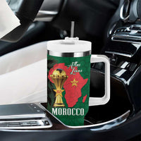 Morocco Football Custom Tumbler With Handle Atlas Lions Champions African Green Islamic Pattern