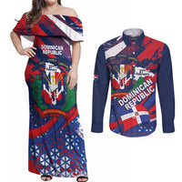Dominican Republic Independence Day Couples Matching Off Shoulder Maxi Dress and Long Sleeve Button Shirt 27th February Coat Of Arms Grunge Texture