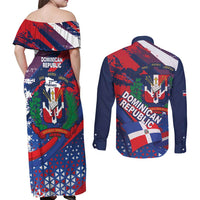 Dominican Republic Independence Day Couples Matching Off Shoulder Maxi Dress and Long Sleeve Button Shirt 27th February Coat Of Arms Grunge Texture