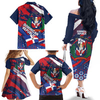 Dominican Republic Independence Day Family Matching Off The Shoulder Long Sleeve Dress and Hawaiian Shirt 27th February Coat Of Arms Grunge Texture
