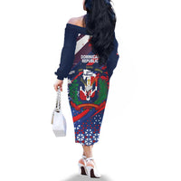 Dominican Republic Independence Day Family Matching Off The Shoulder Long Sleeve Dress and Hawaiian Shirt 27th February Coat Of Arms Grunge Texture