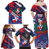 Dominican Republic Independence Day Family Matching Off Shoulder Maxi Dress and Hawaiian Shirt 27th February Coat Of Arms Grunge Texture