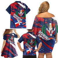 Dominican Republic Independence Day Family Matching Off Shoulder Short Dress and Hawaiian Shirt 27th February Coat Of Arms Grunge Texture