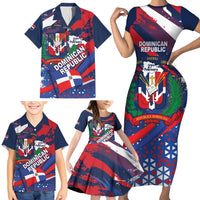 Dominican Republic Independence Day Family Matching Short Sleeve Bodycon Dress and Hawaiian Shirt 27th February Coat Of Arms Grunge Texture