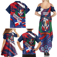 Dominican Republic Independence Day Family Matching Summer Maxi Dress and Hawaiian Shirt 27th February Coat Of Arms Grunge Texture