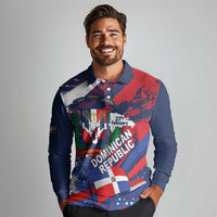 Dominican Republic Independence Day Long Sleeve Polo Shirt 27th February Coat Of Arms Grunge Texture