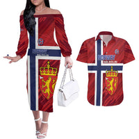 Custom Norway Football Couples Matching Off The Shoulder Long Sleeve Dress and Hawaiian Shirt Come On Kongeriket Norge