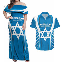 Custom Israel Football Couples Matching Off Shoulder Maxi Dress and Hawaiian Shirt Come On Sky Blue and Whites