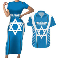 Custom Israel Football Couples Matching Short Sleeve Bodycon Dress and Hawaiian Shirt Come On Sky Blue and Whites