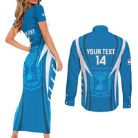 Custom Israel Football Couples Matching Short Sleeve Bodycon Dress and Long Sleeve Button Shirt Come On Sky Blue and Whites