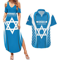 Custom Israel Football Couples Matching Summer Maxi Dress and Hawaiian Shirt Come On Sky Blue and Whites