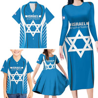 Custom Israel Football Family Matching Long Sleeve Bodycon Dress and Hawaiian Shirt Come On Sky Blue and Whites