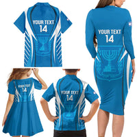Custom Israel Football Family Matching Long Sleeve Bodycon Dress and Hawaiian Shirt Come On Sky Blue and Whites