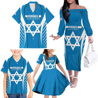 Custom Israel Football Family Matching Off The Shoulder Long Sleeve Dress and Hawaiian Shirt Come On Sky Blue and Whites