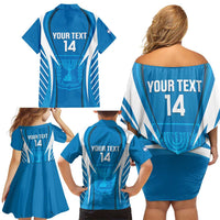 Custom Israel Football Family Matching Off Shoulder Short Dress and Hawaiian Shirt Come On Sky Blue and Whites