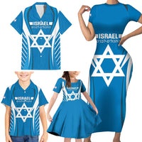 Custom Israel Football Family Matching Short Sleeve Bodycon Dress and Hawaiian Shirt Come On Sky Blue and Whites