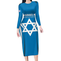 Custom Israel Football Long Sleeve Bodycon Dress Come On Sky Blue and Whites