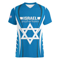 Custom Israel Football Women V-Neck T-Shirt Come On Sky Blue and Whites