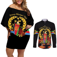 Custom Eritrea Martyrs' Day Couples Matching Off Shoulder Short Dress and Long Sleeve Button Shirt 20 June Shida Shoes With Candles - Black - Wonder Print Shop