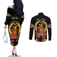 Custom Eritrea Martyrs' Day Couples Matching Off The Shoulder Long Sleeve Dress and Long Sleeve Button Shirt 20 June Shida Shoes With Candles - Black