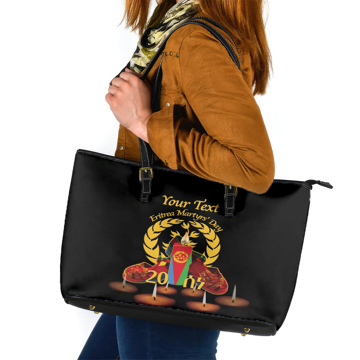 Custom Eritrea Martyrs' Day Leather Tote Bag 20 June Shida Shoes With Candles - Black