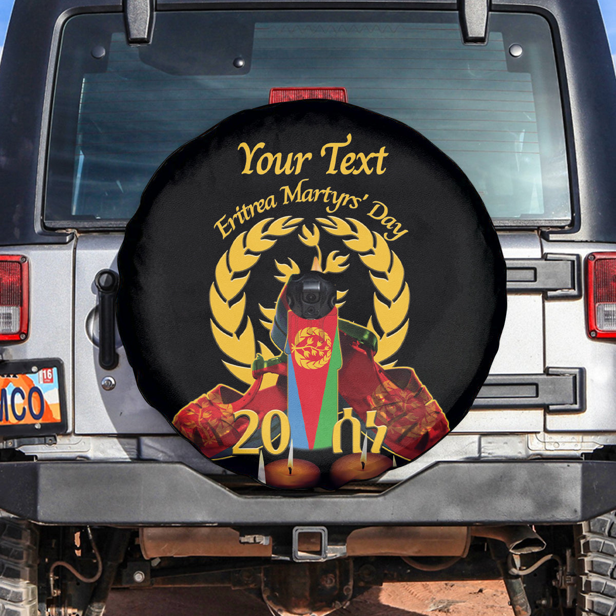 Custom Eritrea Martyrs' Day Spare Tire Cover 20 June Shida Shoes With Candles - Black