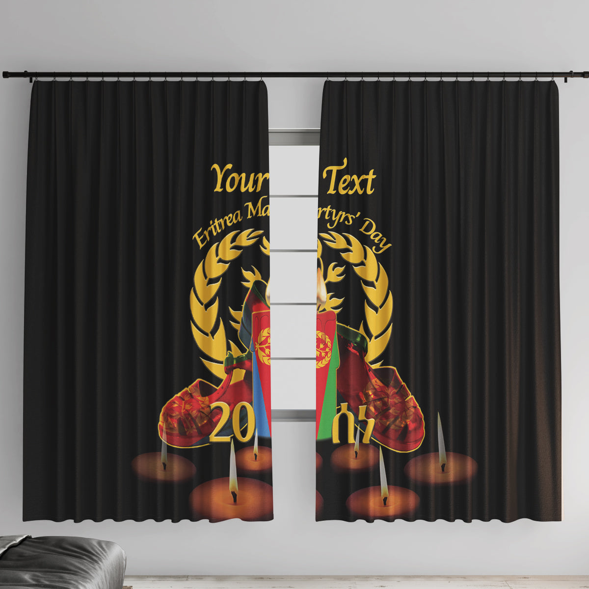 Custom Eritrea Martyrs' Day Window Curtain 20 June Shida Shoes With Candles - Black