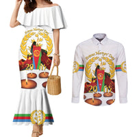 Custom Eritrea Martyrs' Day Couples Matching Mermaid Dress and Long Sleeve Button Shirt 20 June Shida Shoes With Candles - White
