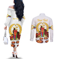 Custom Eritrea Martyrs' Day Couples Matching Off The Shoulder Long Sleeve Dress and Long Sleeve Button Shirt 20 June Shida Shoes With Candles - White