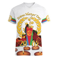 Custom Eritrea Martyrs' Day Women V-Neck T-Shirt 20 June Shida Shoes With Candles - White - Wonder Print Shop