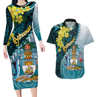 The Bahamas Couples Matching Long Sleeve Bodycon Dress and Hawaiian Shirt Bahamian Buttercup Polynesian Pattern
