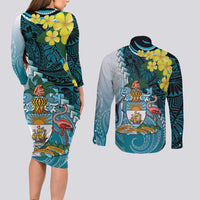 The Bahamas Couples Matching Long Sleeve Bodycon Dress and Long Sleeve Button Shirt Bahamian Buttercup Polynesian Pattern