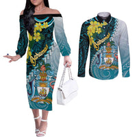 The Bahamas Couples Matching Off The Shoulder Long Sleeve Dress and Long Sleeve Button Shirt Bahamian Buttercup Polynesian Pattern