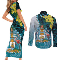 The Bahamas Couples Matching Short Sleeve Bodycon Dress and Long Sleeve Button Shirt Bahamian Buttercup Polynesian Pattern