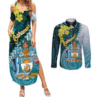 The Bahamas Couples Matching Summer Maxi Dress and Long Sleeve Button Shirt Bahamian Buttercup Polynesian Pattern