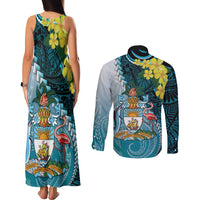 The Bahamas Couples Matching Tank Maxi Dress and Long Sleeve Button Shirt Bahamian Buttercup Polynesian Pattern
