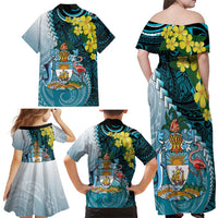 The Bahamas Family Matching Off Shoulder Maxi Dress and Hawaiian Shirt Bahamian Buttercup Polynesian Pattern
