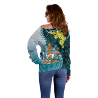 The Bahamas Off Shoulder Sweater Bahamian Buttercup Polynesian Pattern
