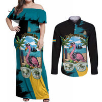 The Bahamas Flamingo Couples Matching Off Shoulder Maxi Dress and Long Sleeve Button Shirt It's Summer Time