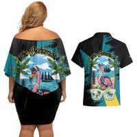 The Bahamas Flamingo Couples Matching Off Shoulder Short Dress and Hawaiian Shirt It's Summer Time