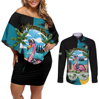 The Bahamas Flamingo Couples Matching Off Shoulder Short Dress and Long Sleeve Button Shirt It's Summer Time