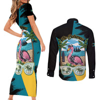 The Bahamas Flamingo Couples Matching Short Sleeve Bodycon Dress and Long Sleeve Button Shirt It's Summer Time