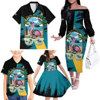 The Bahamas Flamingo Family Matching Off The Shoulder Long Sleeve Dress and Hawaiian Shirt It's Summer Time