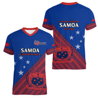 Samoa Football Women V Neck T Shirt Samoan Coat Of Arm Polynesian Sporty Style - Wonder Print Shop