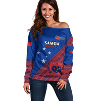 Personalised Samoa Football Off Shoulder Sweater Samoan Coat Of Arm Polynesian Sporty Style - Wonder Print Shop