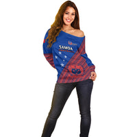 Personalised Samoa Football Off Shoulder Sweater Samoan Coat Of Arm Polynesian Sporty Style - Wonder Print Shop